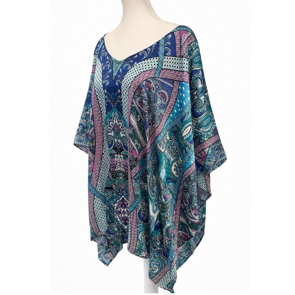 Chicos Paisley Pullover Kimono NWOT Boho Resort Wear Silky Poncho Tunic Top L XL